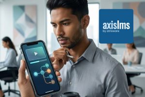 Candid, high-resolution photo of a diverse financial professional focused on a smartphone in a bright modern office. The screen displays a minimalist microlearning interface with progress bars and icons, illustrating learning in the flow of work