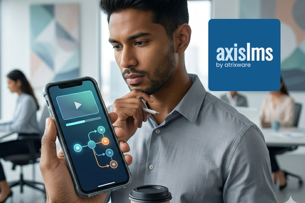 Candid, high-resolution photo of a diverse financial professional focused on a smartphone in a bright modern office. The screen displays a minimalist microlearning interface with progress bars and icons, illustrating learning in the flow of work