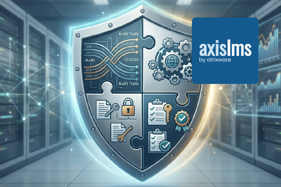Conceptual visualization, of a stylized metallic shield constructed from interlocking digital checklists, audit trails, locked documents, and gear symbols, set in a modern data center.